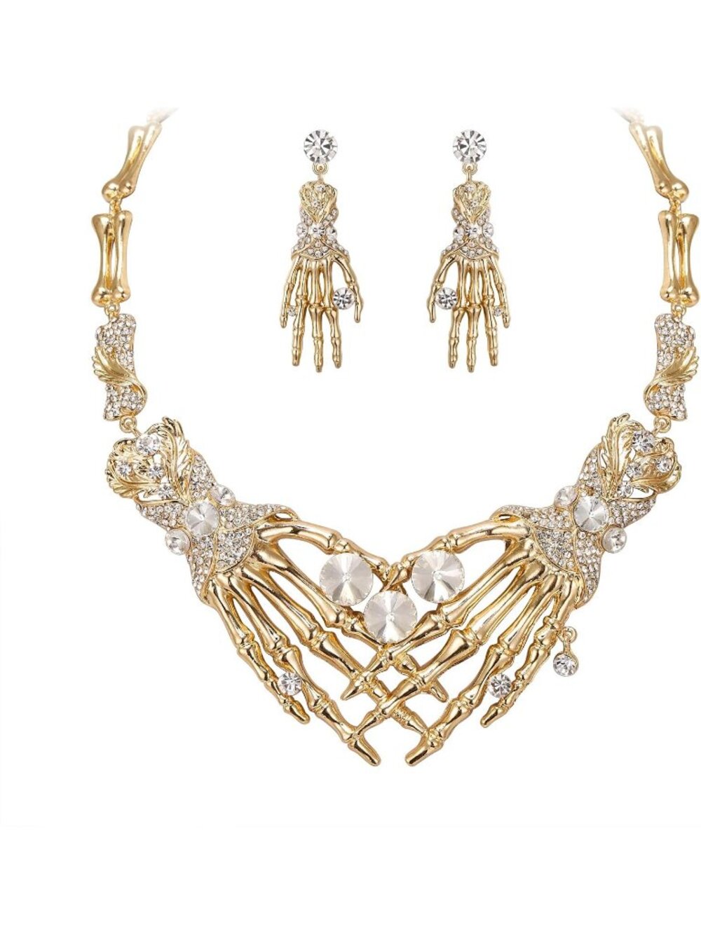 Women's Clear Gold Tone Halloween Skeleton Hand Skull Crystal Austrian Necklace